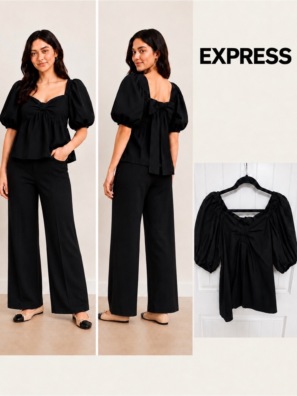 Express Black Puff Sleeve Bow-Back Poplin Blouse
